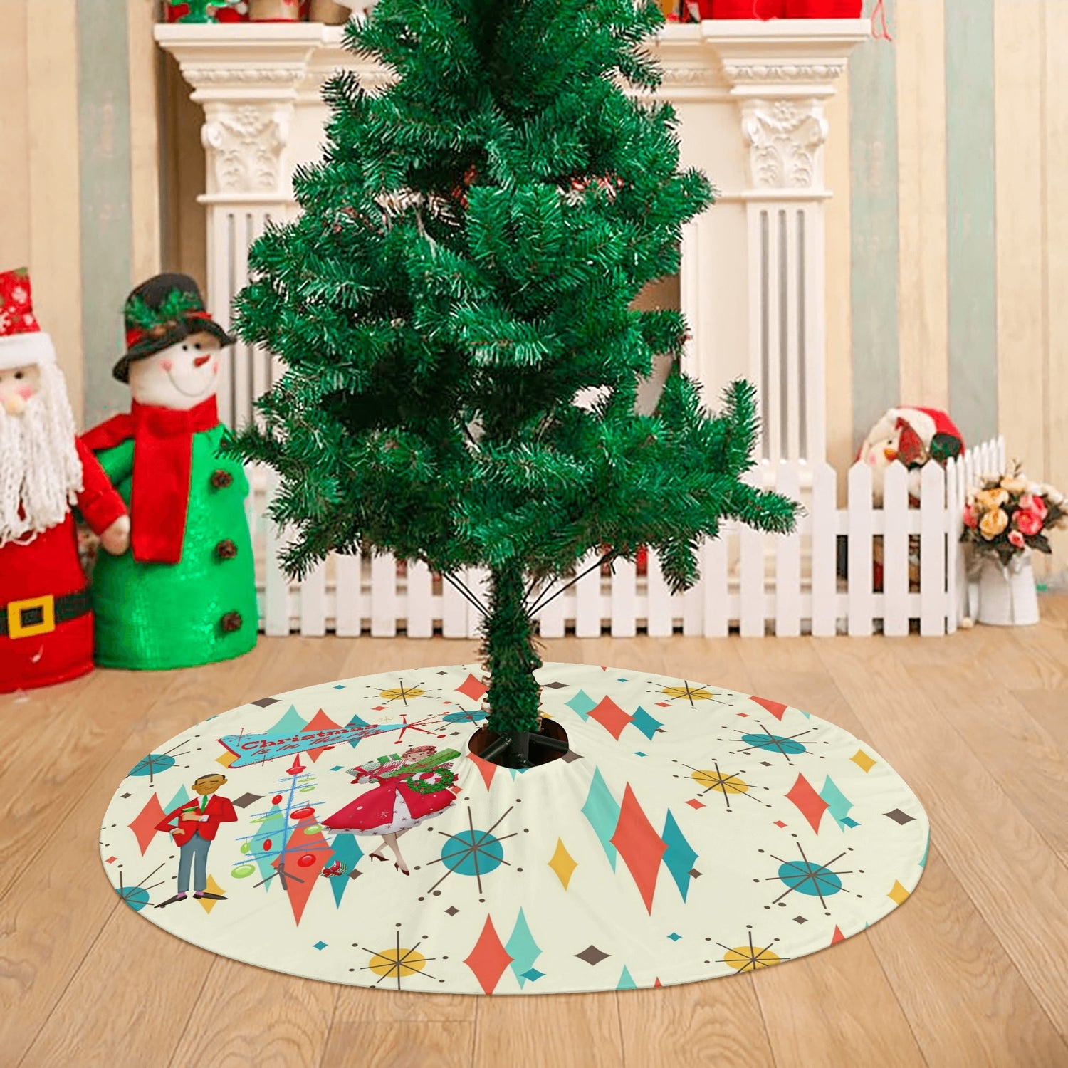 Mid Century Modern Christmas Tree Skirt, Franciscan Diamon Kitschy Mod Couple - Mid Century Modern Gal