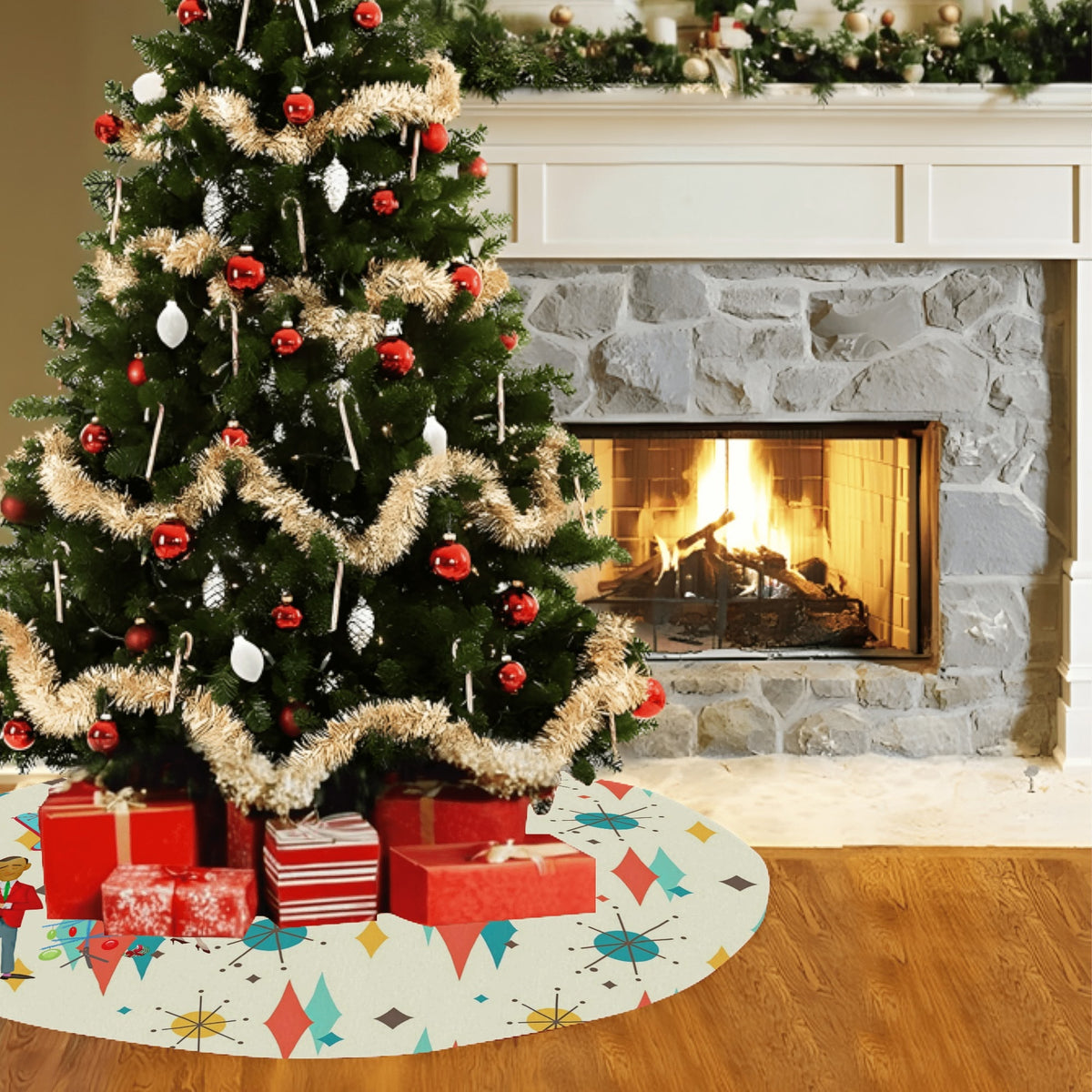 Mid Century Modern Christmas Tree Skirt, Franciscan Diamon Kitschy Mod Couple - Mid Century Modern Gal