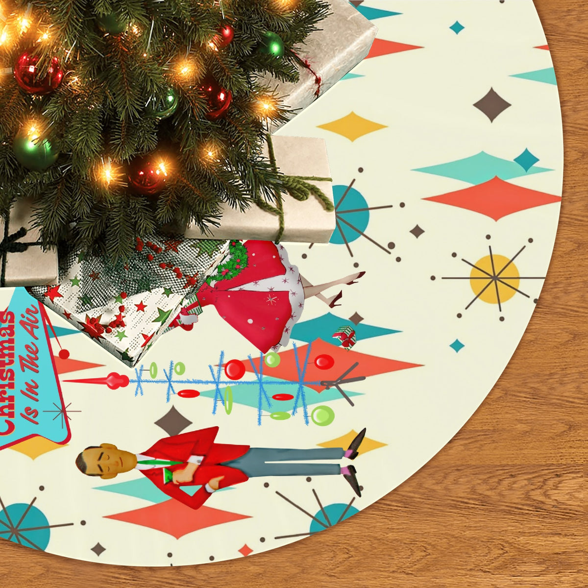 Mid Century Modern Christmas Tree Skirt, Franciscan Diamon Kitschy Mod Couple - Mid Century Modern Gal