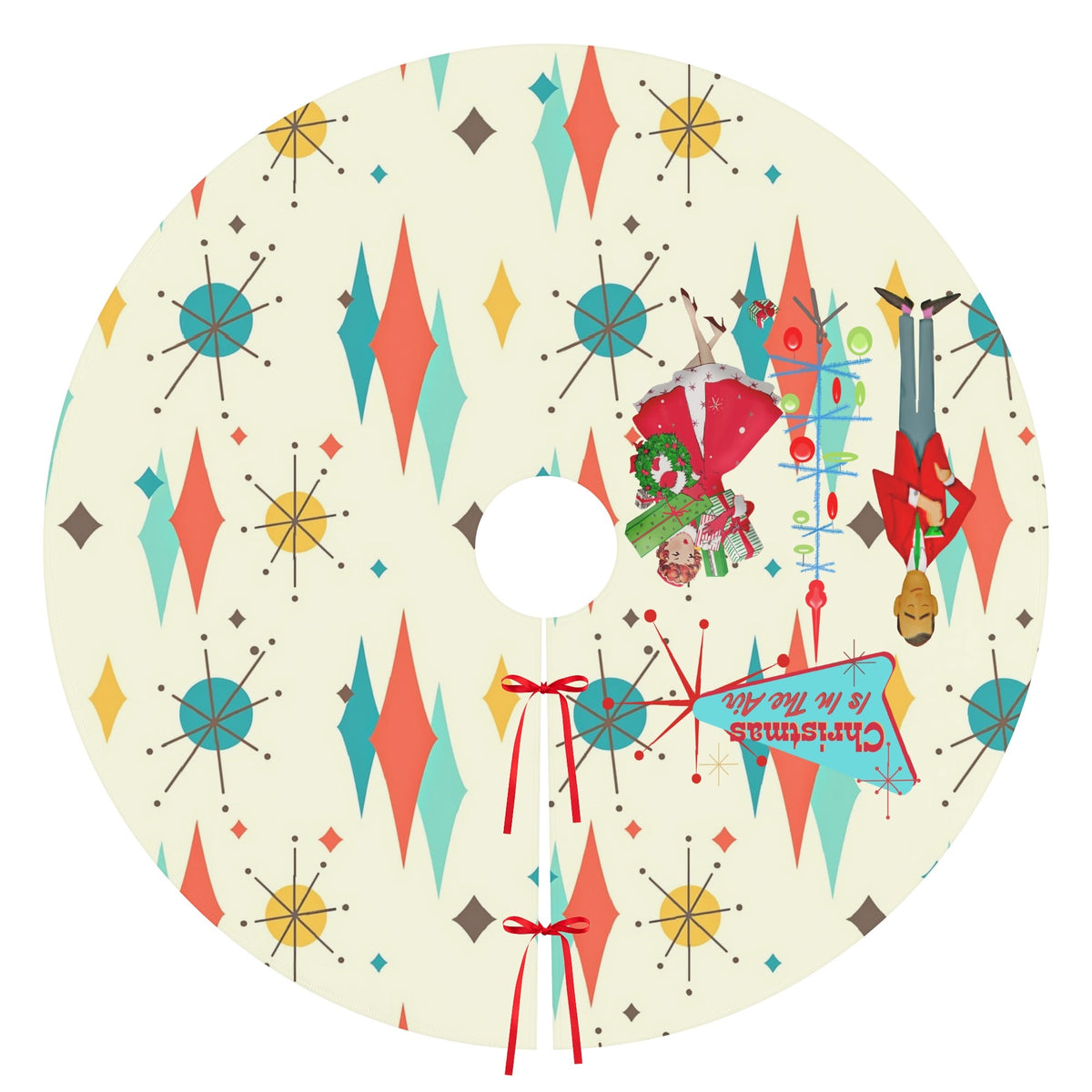 Mid Century Modern Christmas Tree Skirt, Franciscan Diamon Kitschy Mod Couple - Mid Century Modern Gal