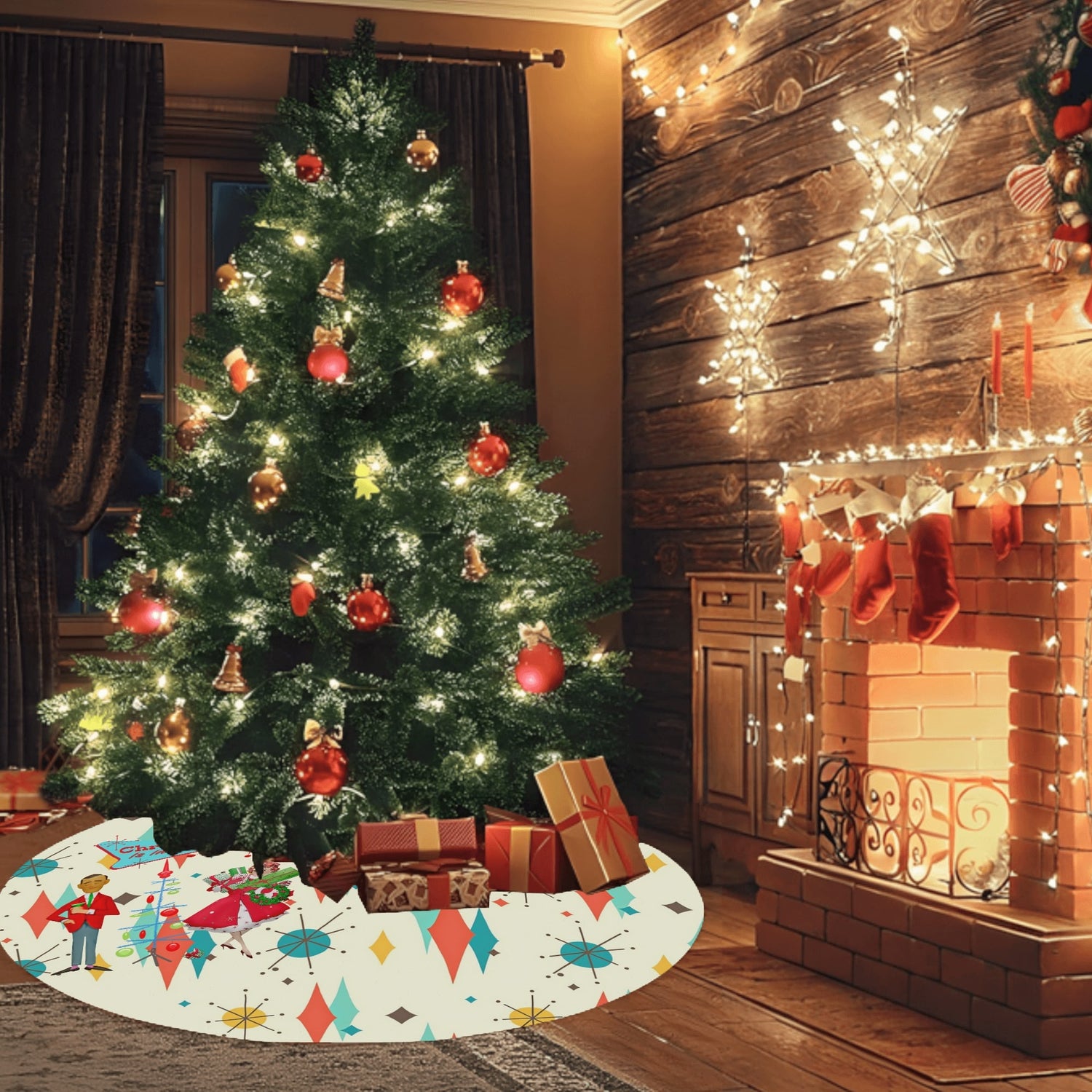 Mid Century Modern Christmas Tree Skirt, Franciscan Diamon Kitschy Mod Couple - Mid Century Modern Gal
