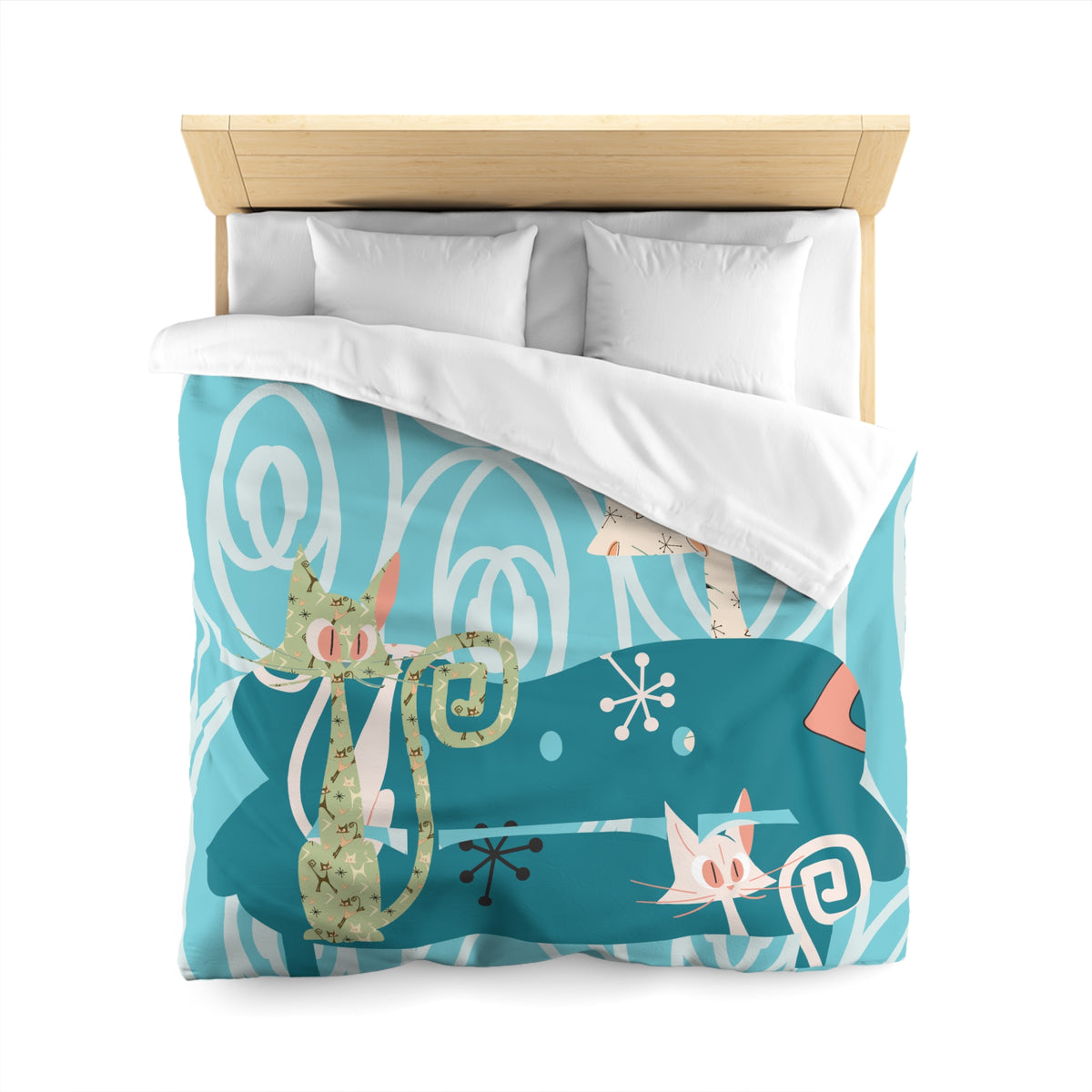 Atomic Cat Bedding, Mid Century Modern Style, Quirky, Whimsical Blue, Coral, Kitschy 50s Funky Fun MCM Duvet Cover - Mid Century Modern Gal