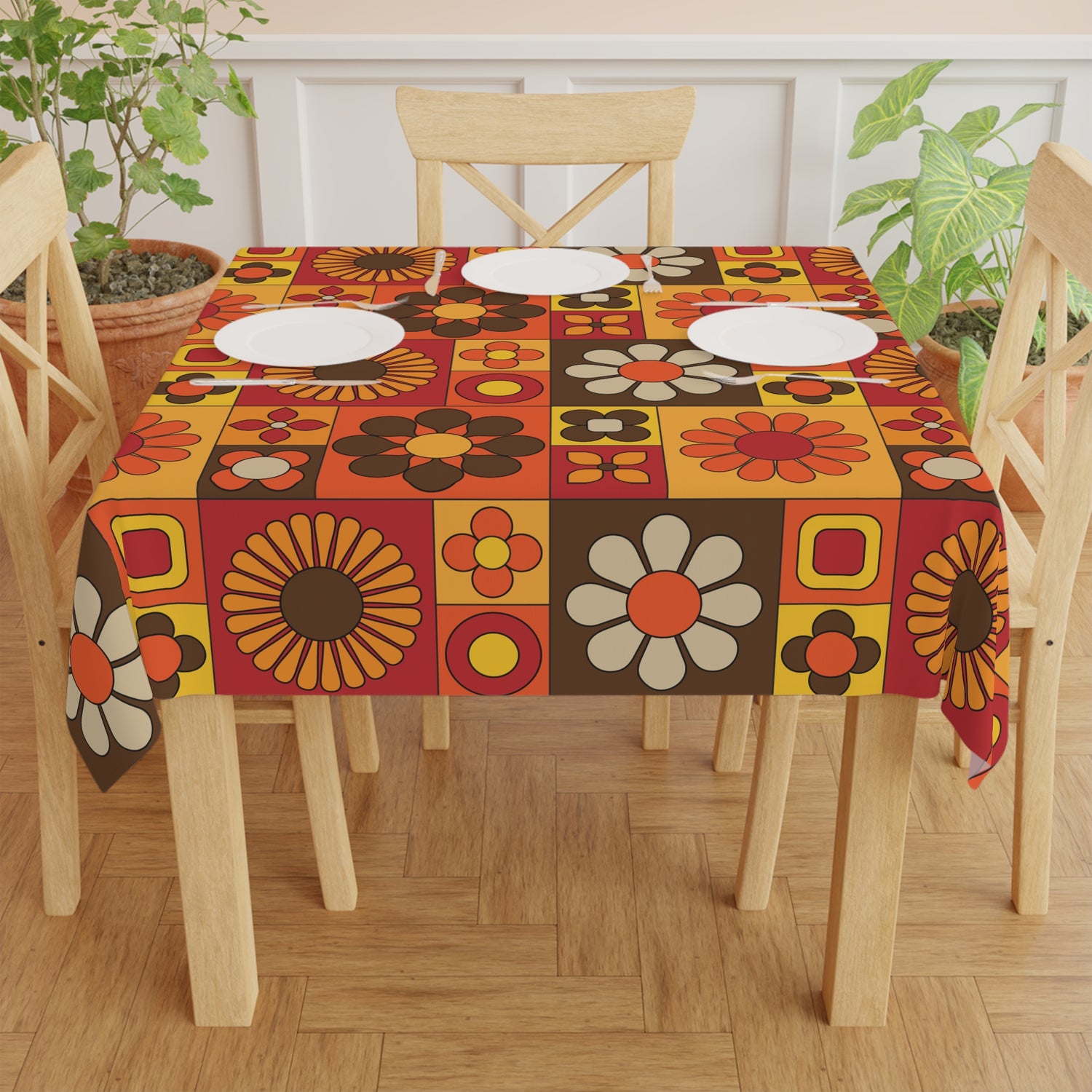 Retro 70s Mid Mod Orange, Brown, Yellow Floral Tablecloth – Vibrant Design for Your Dining Table - Mid Century Modern Gal