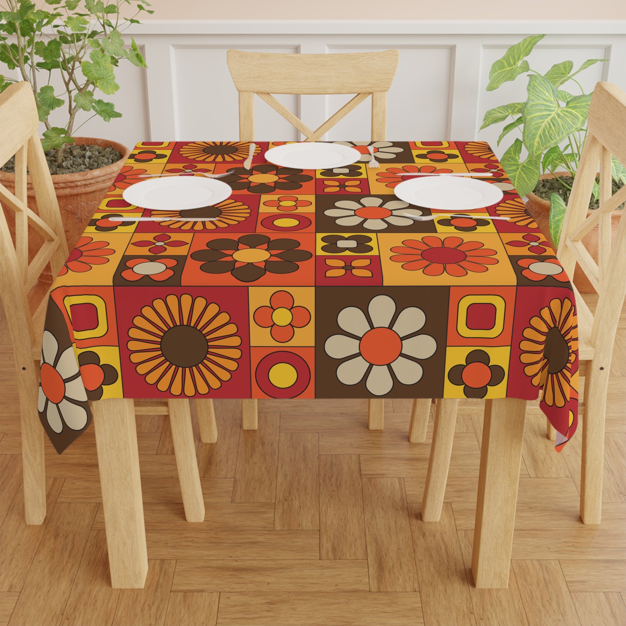 Retro 70s Mid Mod Orange, Brown, Yellow Floral Tablecloth – Vibrant Design for Your Dining Table - Mid Century Modern Gal