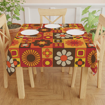 Retro 70s Mid Mod Orange, Brown, Yellow Floral Tablecloth – Vibrant Design for Your Dining Table - Mid Century Modern Gal