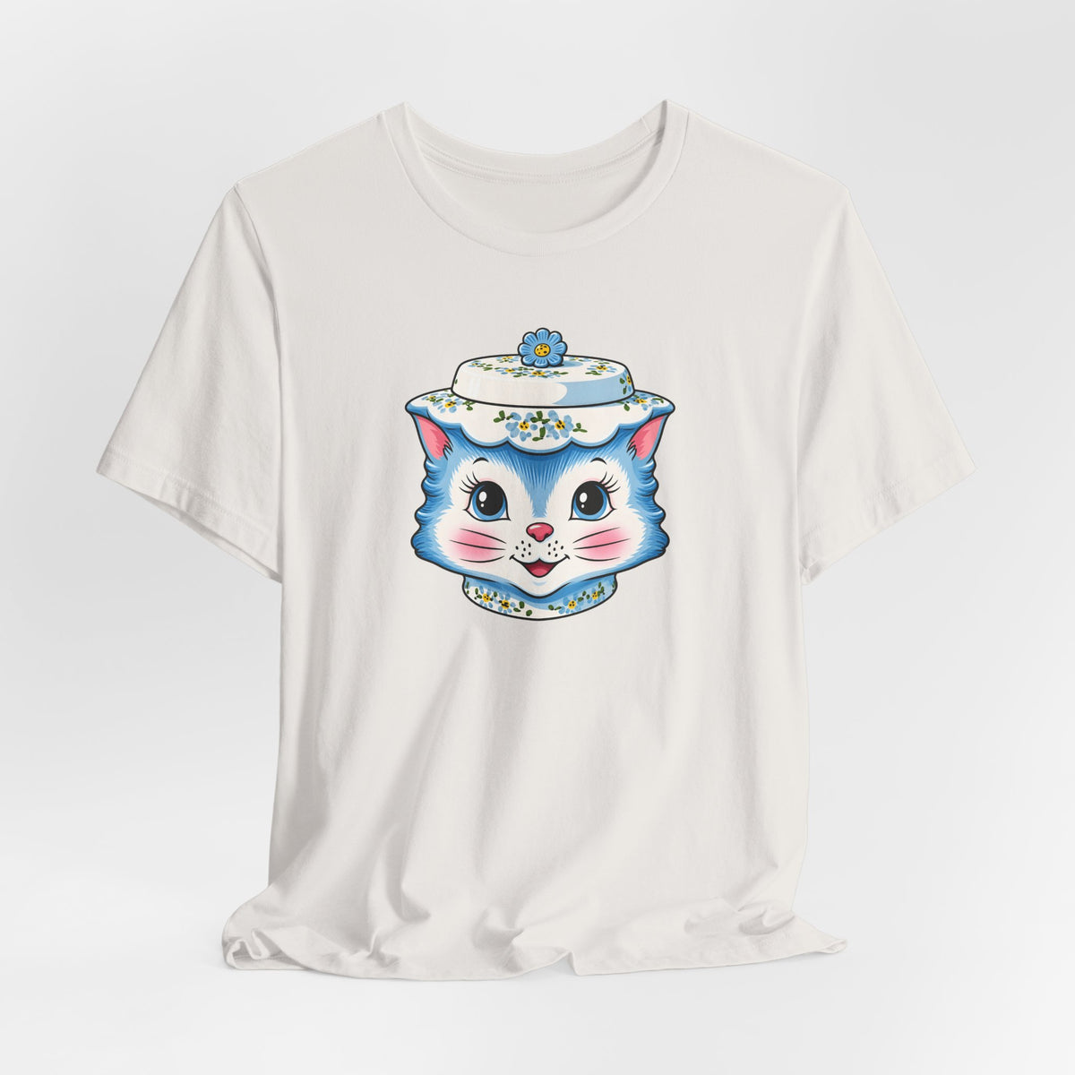 Mid Century Modern Kitschy Anthropomorphic Blue Cat with Floral Hat Unisex T-Shirt
