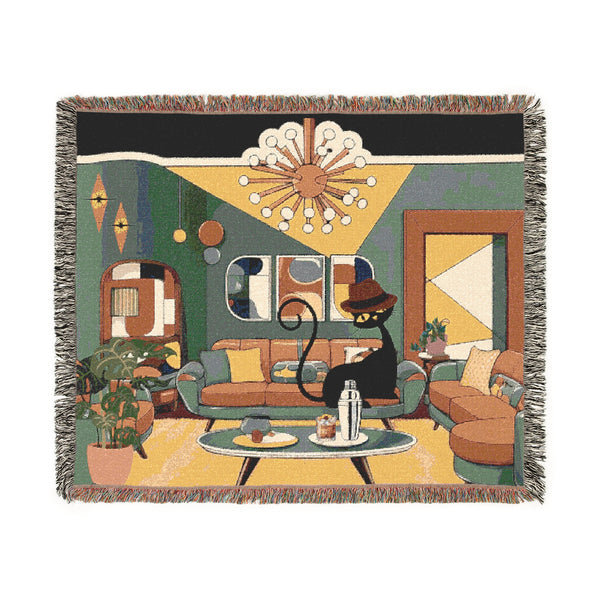 Atomic Cat Mid Century Modern Cozy Woven Blanket - Retro Living Room Design