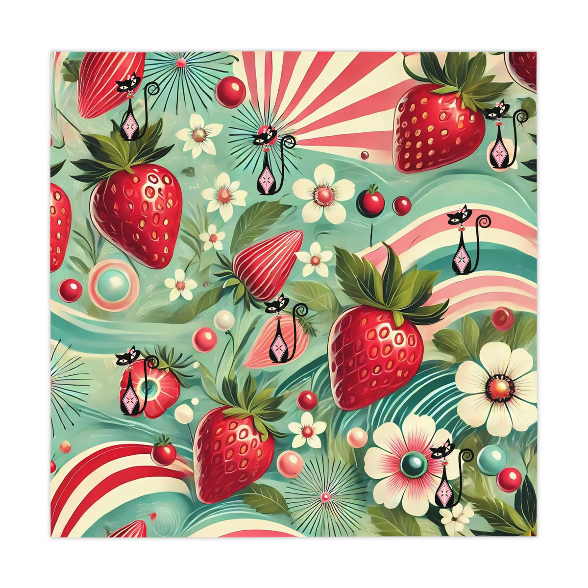 Atomic Cat, Vintage Cat and Strawberry Tablecloth - Perfect for Summer Gatherings & Celebrations - Mid Century Modern Gal