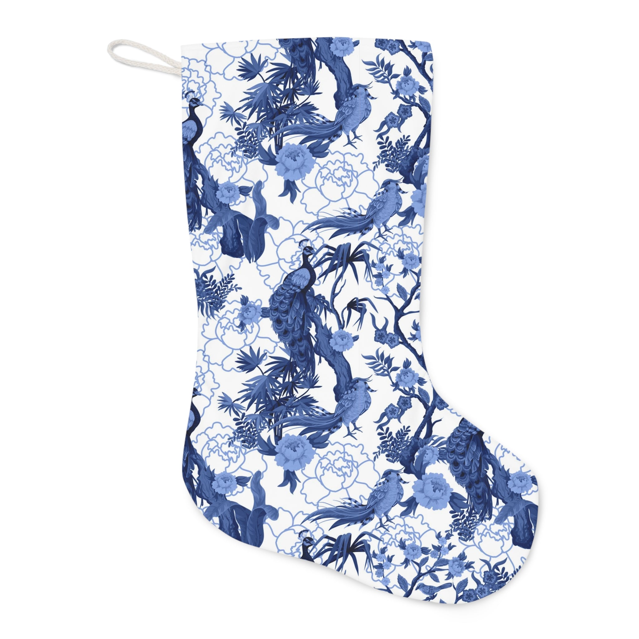 Chinoiserie Christmas Stocking , Blue, White Willow, Peacock, Floral Flourishes, Chinoiserie Holiday Collection