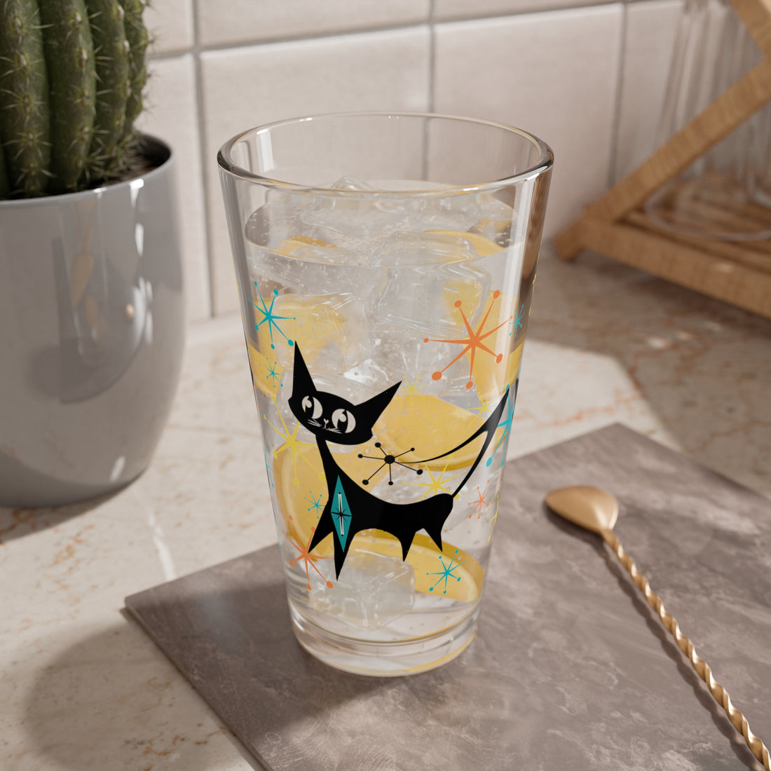 Atomic Black Cats, Kitschy Starbursts Whimsical Cat Mid Century Modern Retro Drinkware Barware - Mid Century Modern Gal