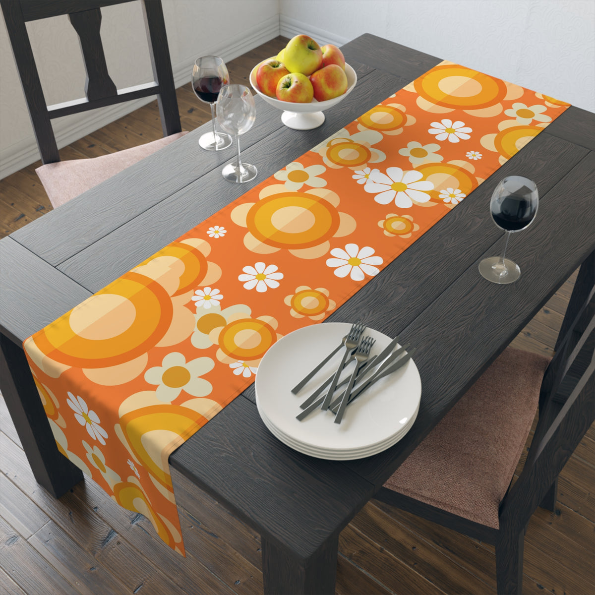 60's Vibe Flower Power Groovy Funky Daisy Orange Mid Mod Table Runner - Mid Century Modern Gal