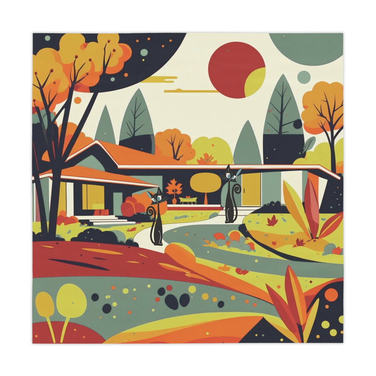 Scandinavian Fall Mid Century Modern Atomic Cat Kitschy Mod Seasonal Tablecloth - Mid Century Modern Gal