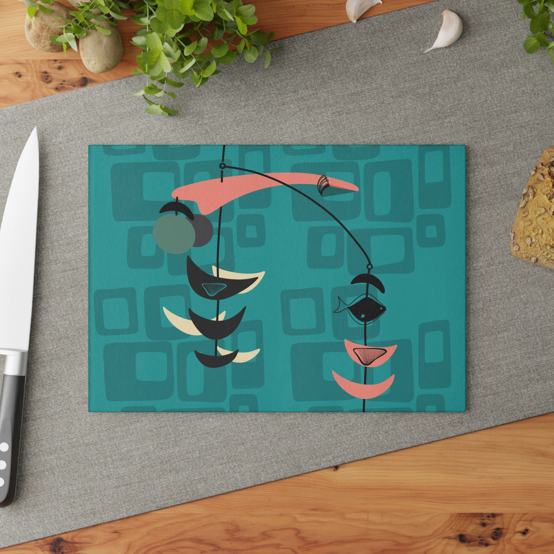 Atomic Fish Mid Century Modern Fish Art Modern Abstract Glass Cutting Board | Colorful Kitchen Decor | Gift for Foodies - Mid Century Modern Gal