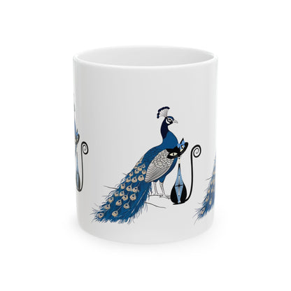 Atomic Cat Mug Blue Chinoiserie Peacock MCM Black Cat Mug  Vintage Inspired  Gift Elegant Peacock Ceramic Mug - Mid Century Modern Gal