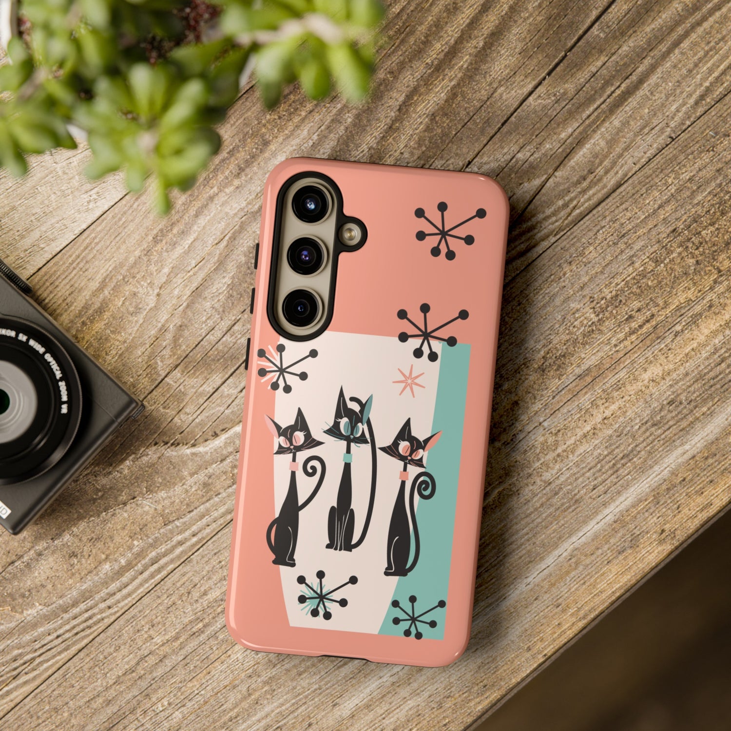 Atomic Cat Mid Mod Coral Aqua Blue Starburst Kitschy Fun Chic Samsung, Smart Phones Tough Cases