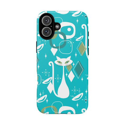 Atomic Cat Space Designs, Mid Century Modern, Aqua, White Kitschy Cat Tough Phone Case