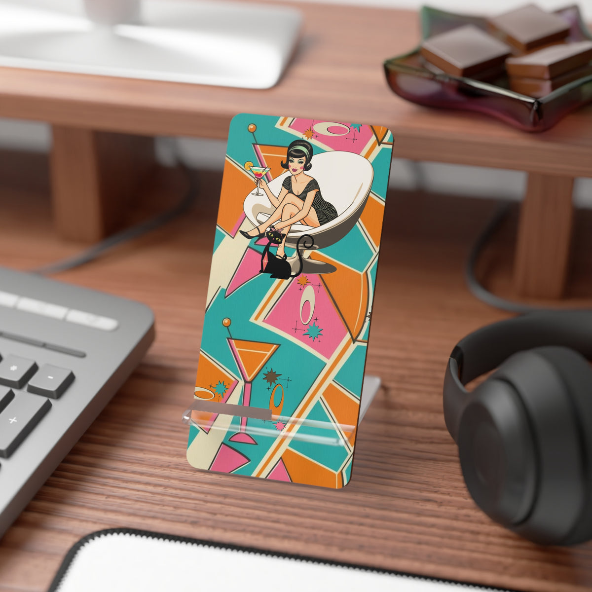 Vintage Chic Mid Mod Gal Mobile Display Stand for Smartphones - Retro Style with Cocktail Design - Mid Century Modern Gal