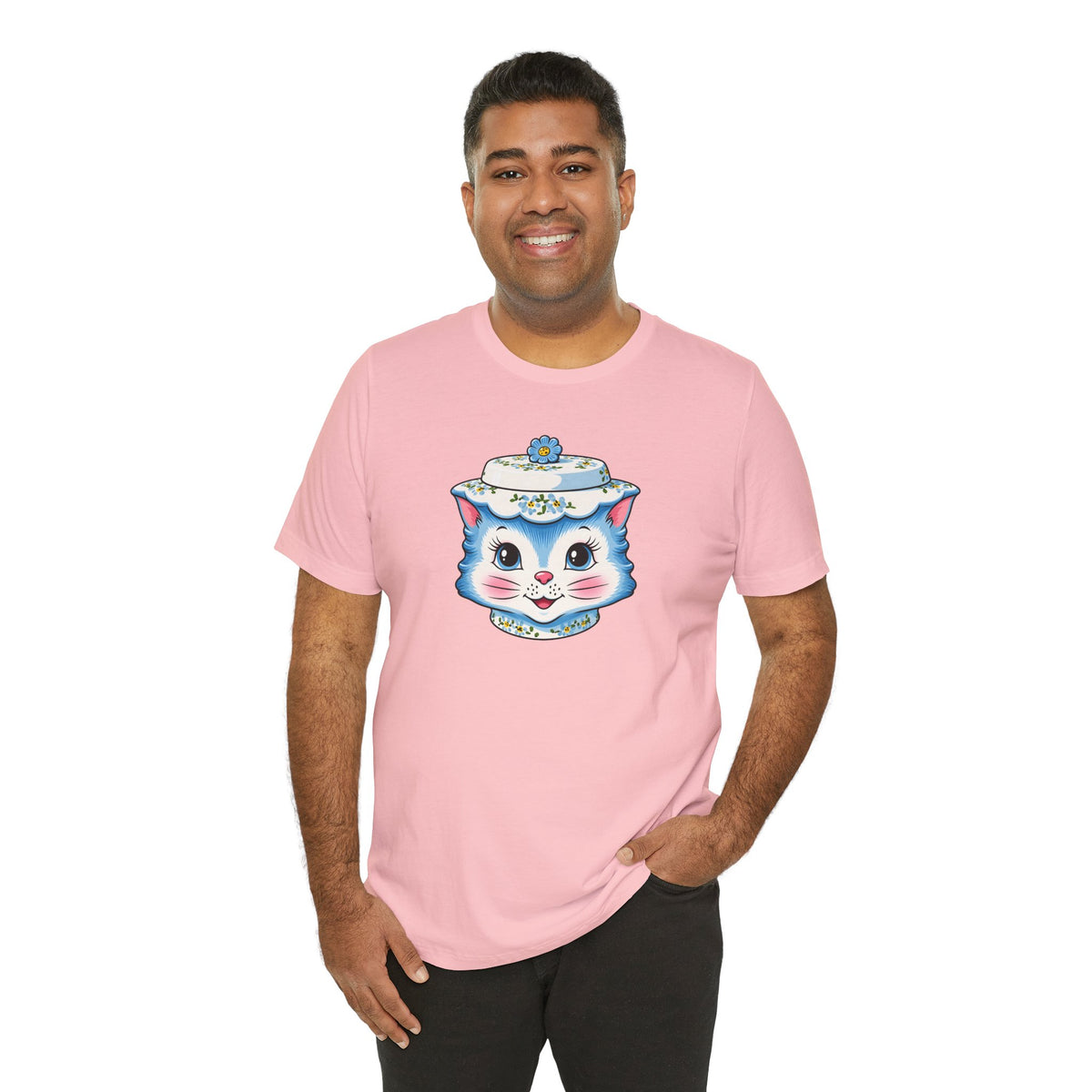 Mid Century Modern Kitschy Anthropomorphic Blue Cat with Floral Hat Unisex T-Shirt