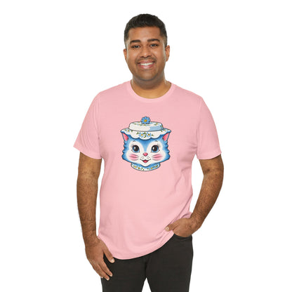 Mid Century Modern Kitschy Anthropomorphic Blue Cat with Floral Hat Unisex T-Shirt