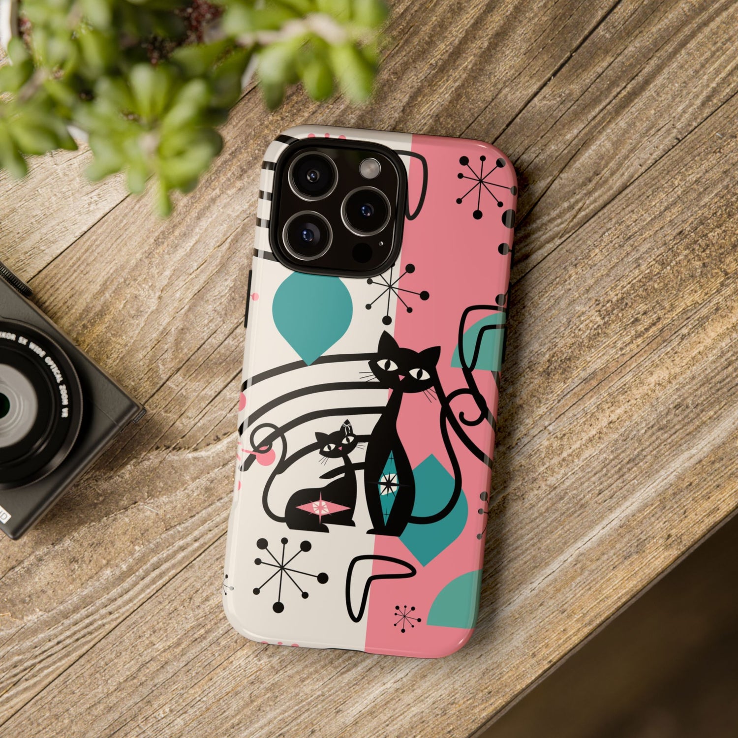 Mid Mod Atomic Cat Boomerang Starburst, Pink, Black Kitschy Stylish Cat Phone Case: Modern Design for Cat Lovers