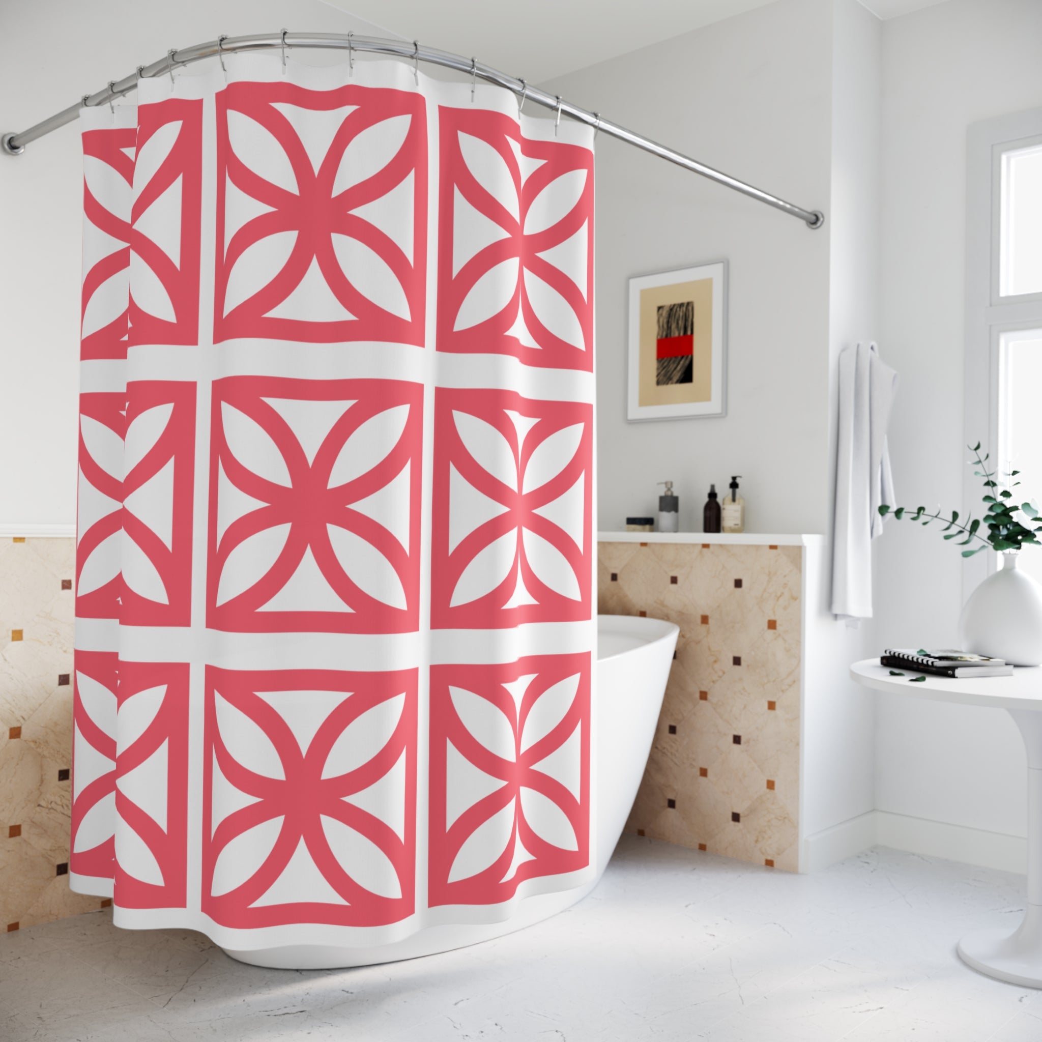 Mid Century Modern Coral Breeze Block 50s Vibe Palm Springs Cali Style Modern Geometric Shower Curtain - Mid Century Modern Gal