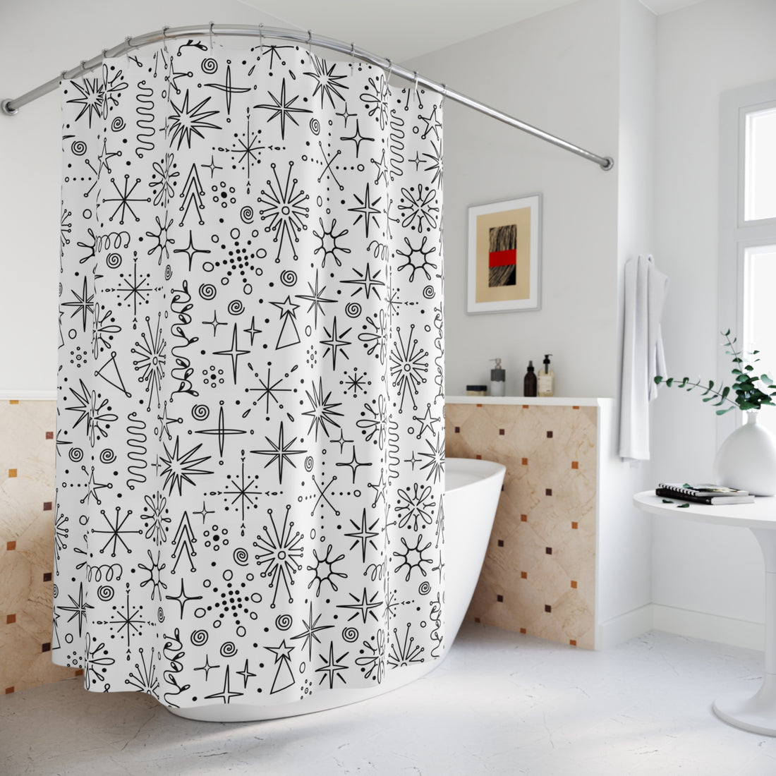 Atomic Space Doodle Art Retro Mod Shower, Black And White Shower Curtain