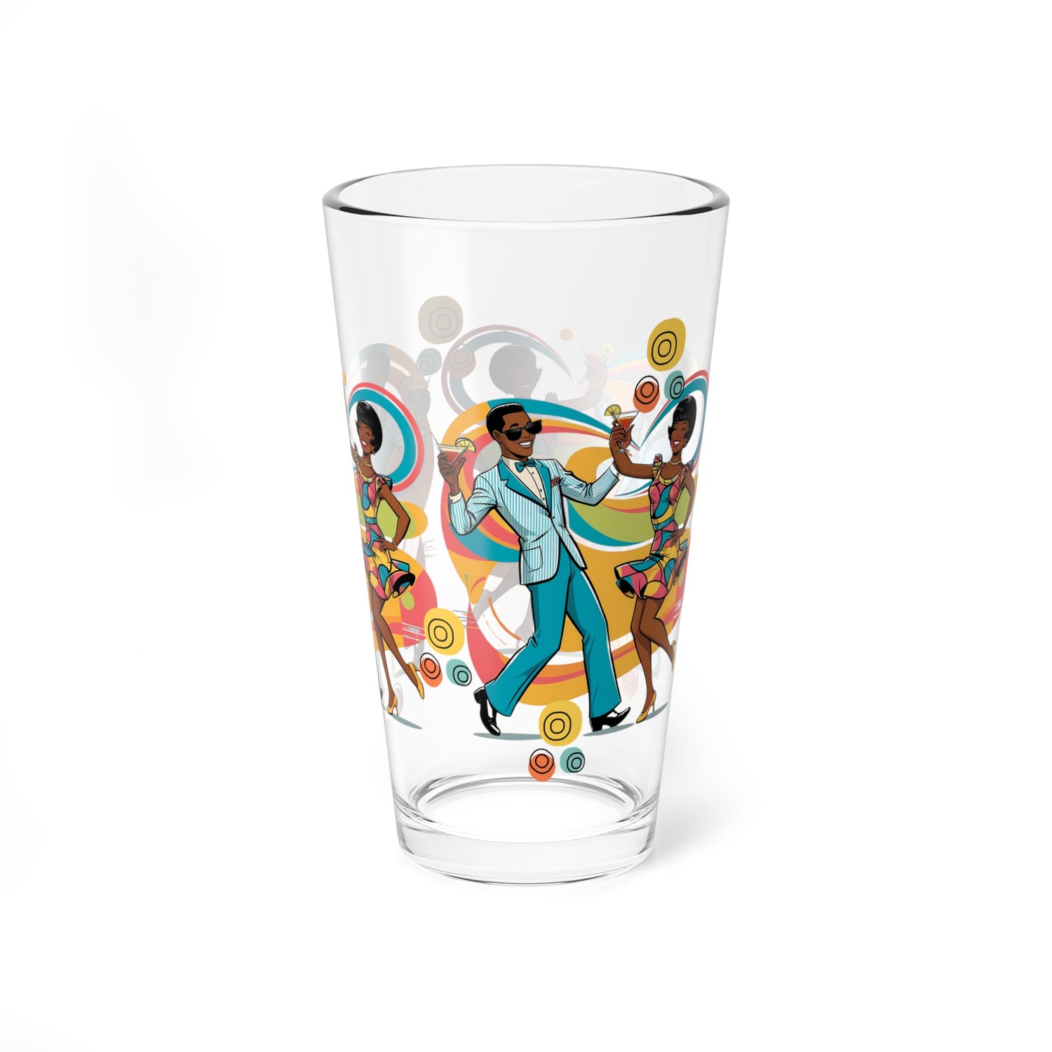 Mid Century Modern Barware, Black Couple, Retro Cocktail Mixing Glass - 16oz with Vibrant Dance Design - Mid Century Modern Gal