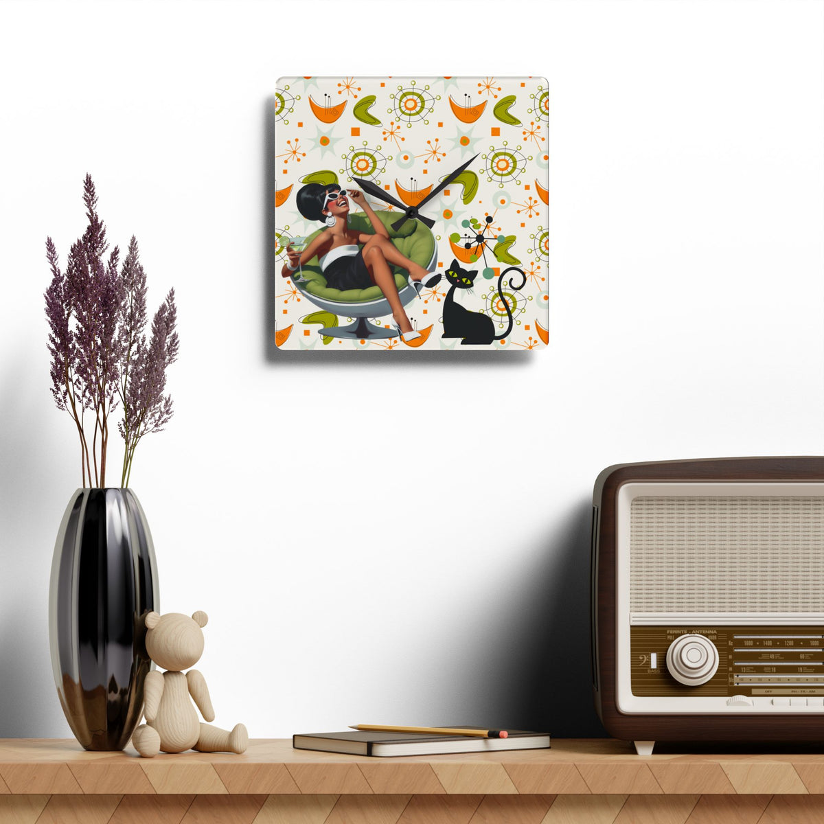 Mid Century Modern Atomic Cat Starburst Retro 60s Vibe Wall Clock - Mid Century Modern Gal