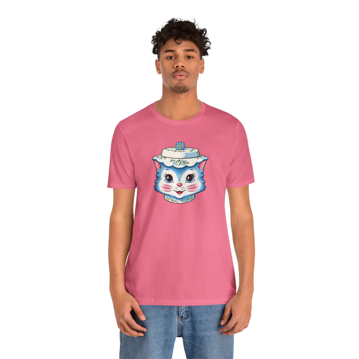Mid Century Modern Kitschy Anthropomorphic Blue Cat with Floral Hat Unisex T-Shirt