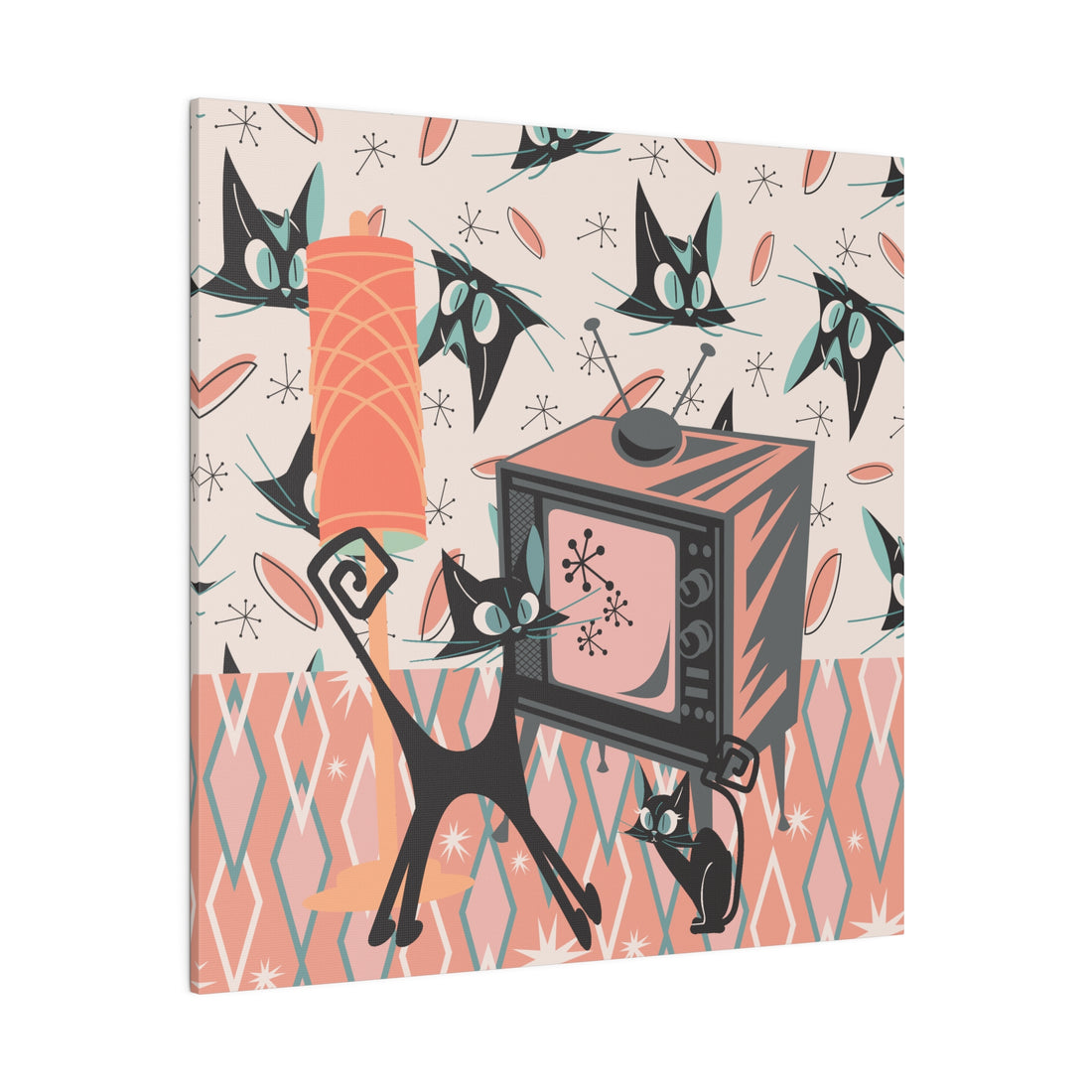 Atomic Cat Art, Quirky, Kitschy Whimsical Kittie Lover, Retro TV, Coral, Peach, Teal Blue, Mid Century Modern Wall Art