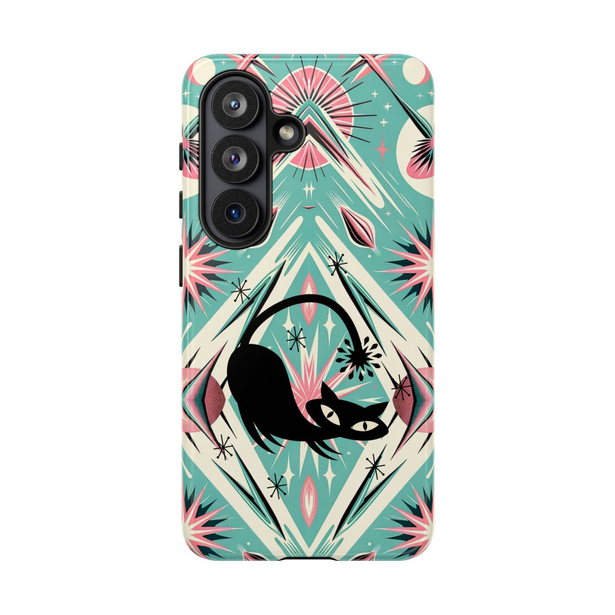 Atomic Cat, Mid Century Modern Aqua Blue, Pink, Starbursts Tough Phone Case