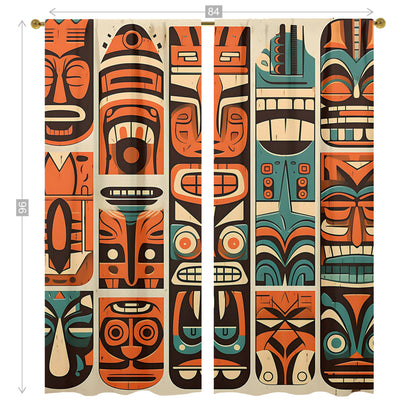 Tiki Idol Mid Mod Retro Orange, Teal Beige Window Curtains (two panels)