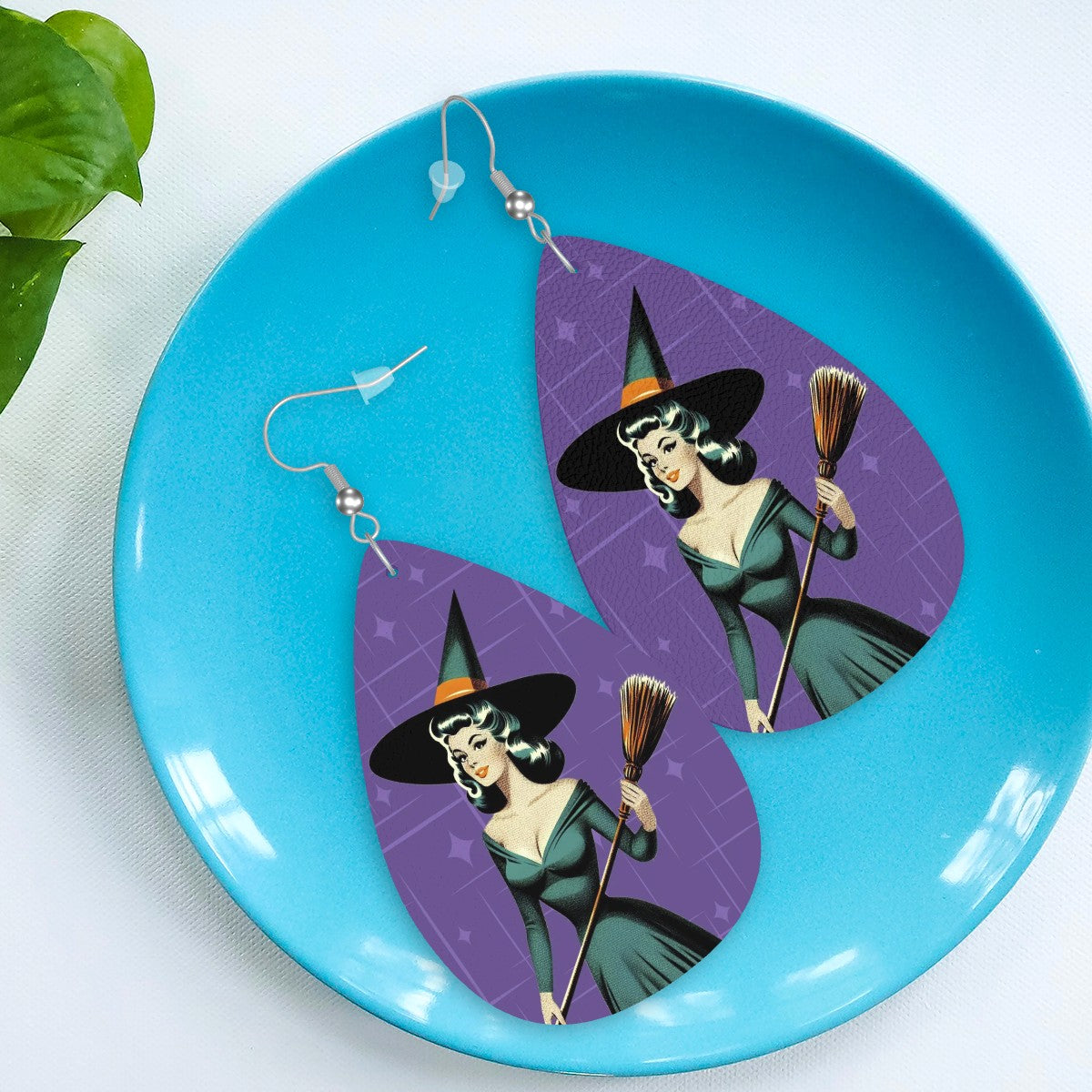 Mid Century Modern Vintage Pin Up Witch Purple Teal Halloween Vegan Leather Teardrop Earrings - Mid Century Modern Gal
