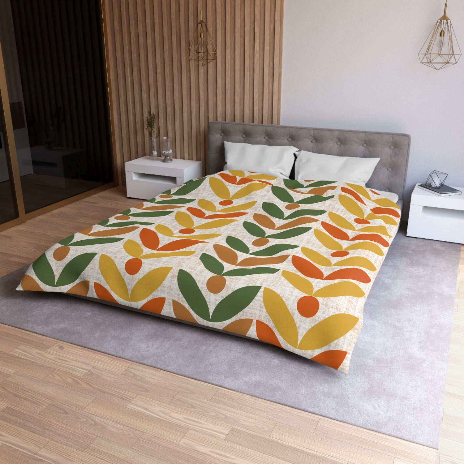 Retro Scandinavian Floral, Orange, Mustarned Camel Brown, Green Duvet Cover - Bohemian Home Decor - Mid Century Modern Gal