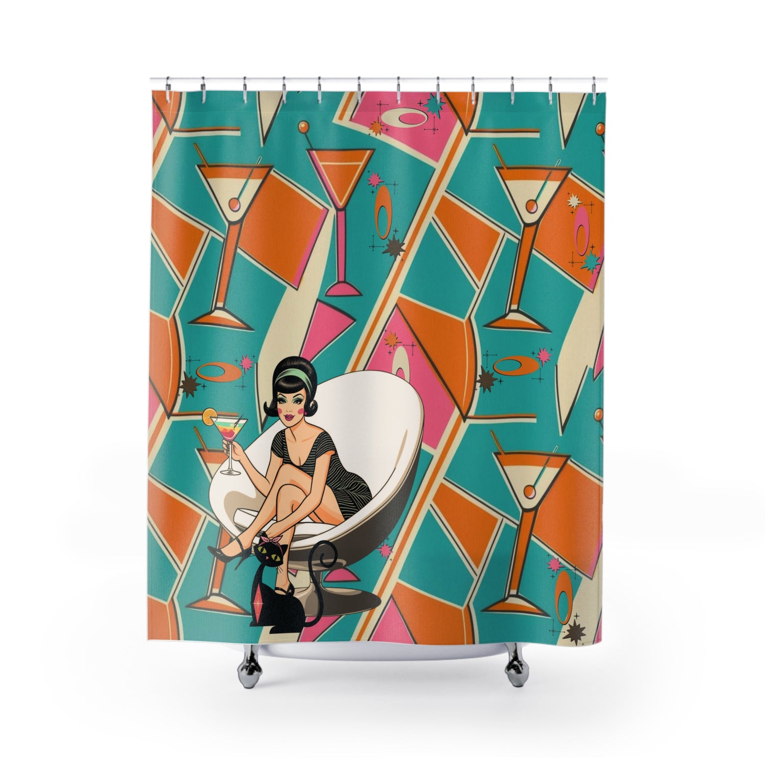 Mid Mod Gal Retro Martini Shower Curtain - Vintage Cocktail Vibes for Fun Bathrooms - Mid Century Modern Gal