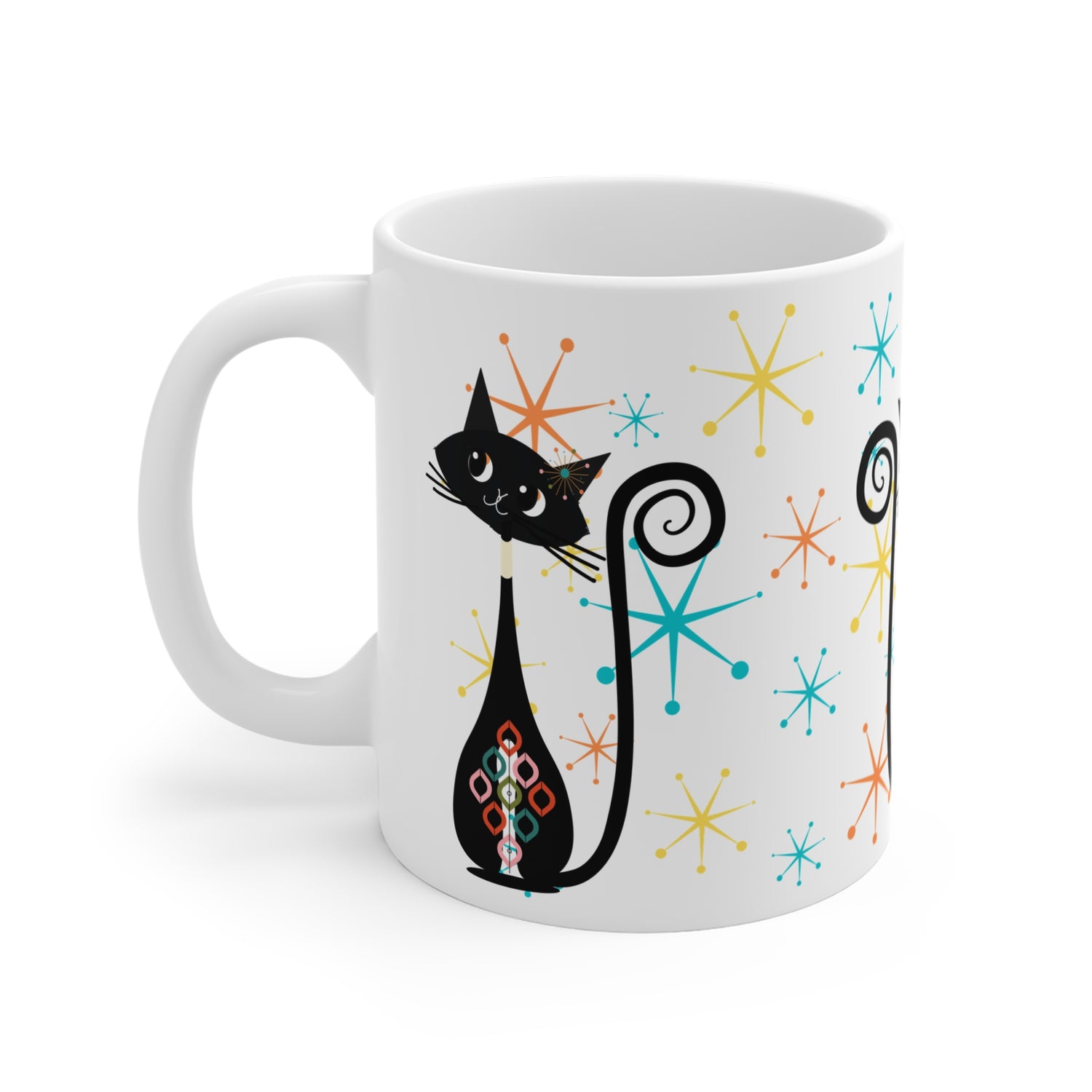 Atomic Cat Starbursts Mid Mod Cuppa Joe Whimsical Cat 11oz Mug - Colorful Retro Design for Cat Lovers - Mid Century Modern Gal