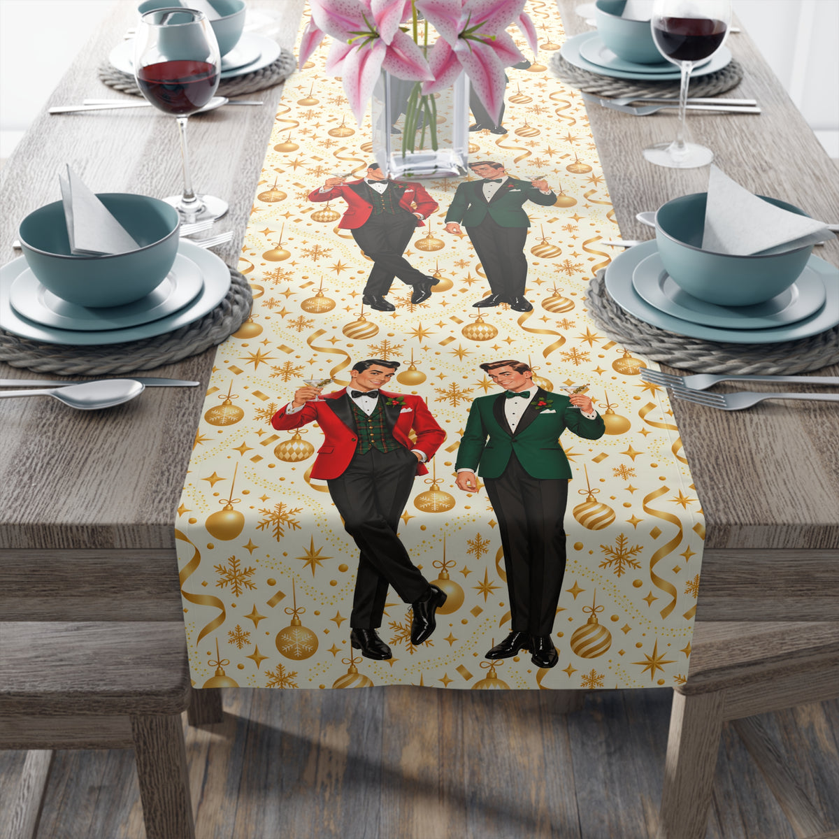 Mid Century Modern Christmas Martini Dapper Gay Male Couple Table Runner