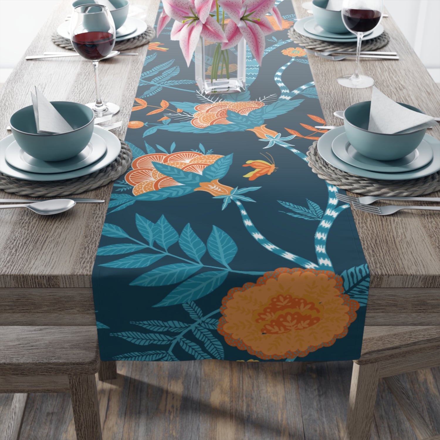 Beautiful Chinoiserie Tanquil Blue, Orange Floral Table Runner