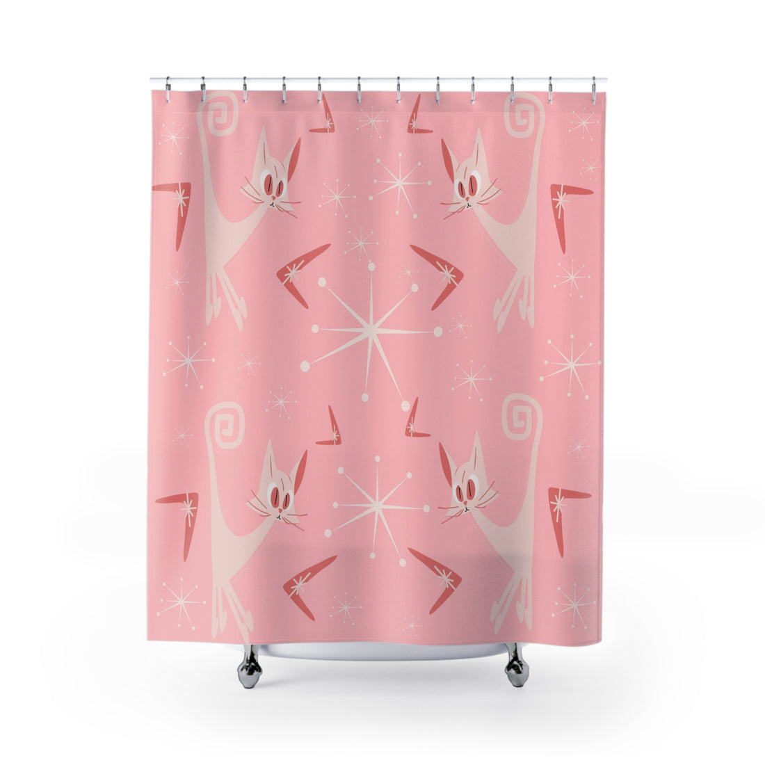 Pink Mid Century Modern Atomic Kittie, Boomerange, Retro MCM Shower Curtain - Mid Century Modern Gal