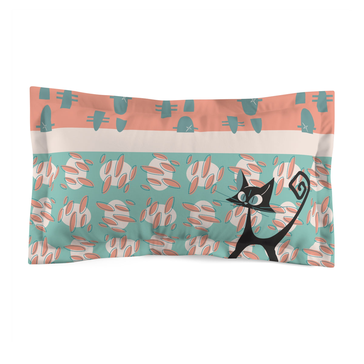 50s Nostalgic Atomic Cat Mid Century Modern Aqua, Coral Pink Peach, Kitschy Mid Century Modern  Pillow Sham - Mid Century Modern Gal