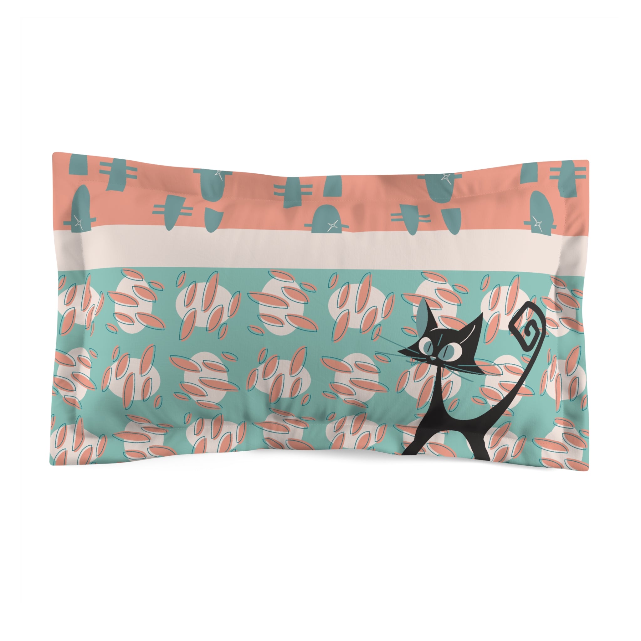 50s Nostalgic Atomic Cat Mid Century Modern Aqua, Coral Pink Peach, Kitschy Mid Century Modern  Pillow Sham