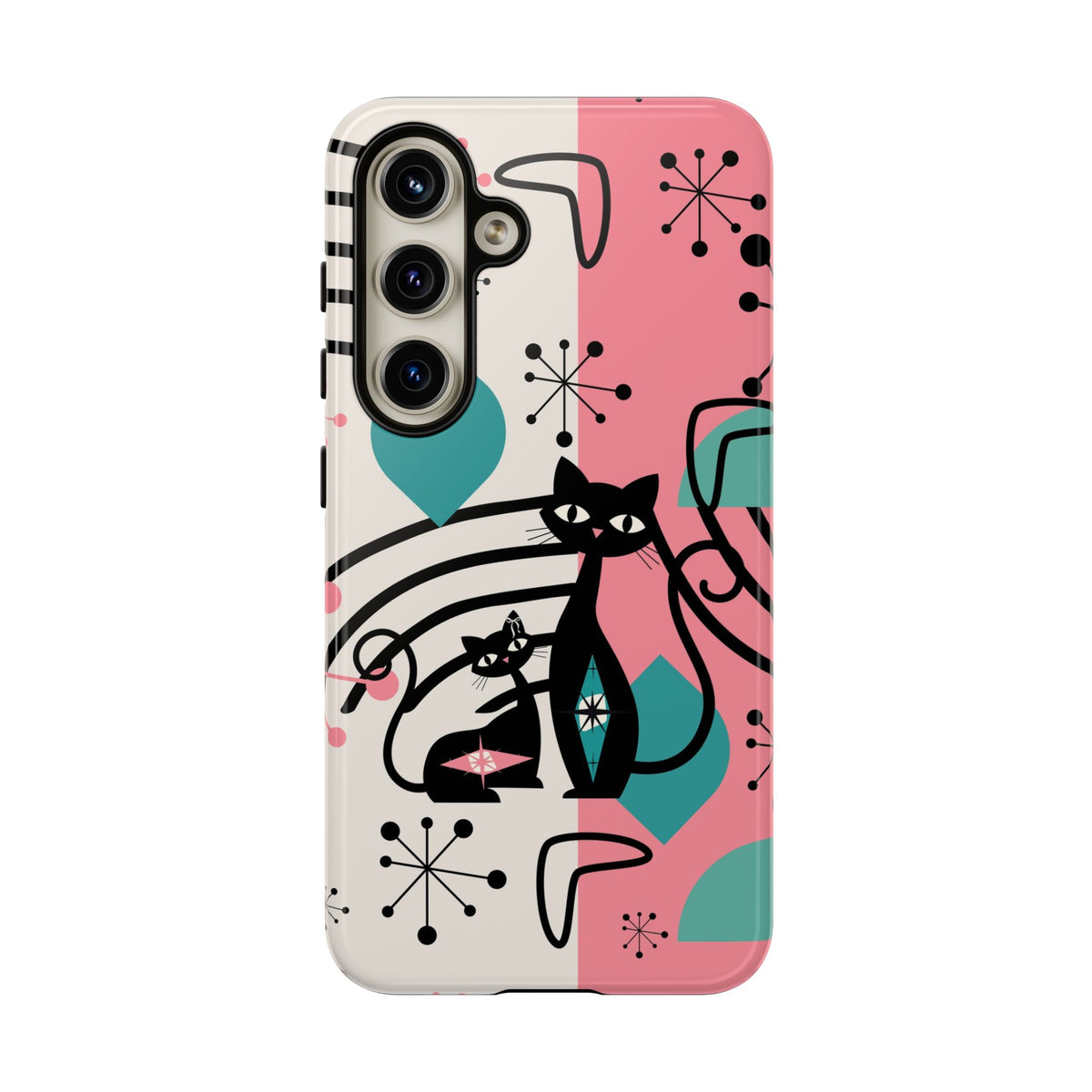 Mid Mod Atomic Cat Boomerang Starburst, Pink, Black Kitschy Stylish Cat Phone Case: Modern Design for Cat Lovers - Mid Century Modern Gal