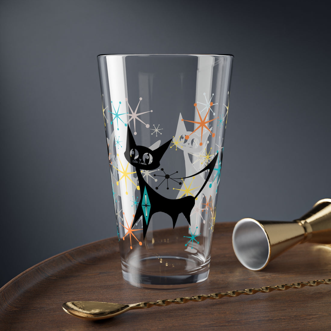Atomic Black Cats, Kitschy Starbursts Whimsical Cat Mid Century Modern Retro Drinkware Barware - Mid Century Modern Gal