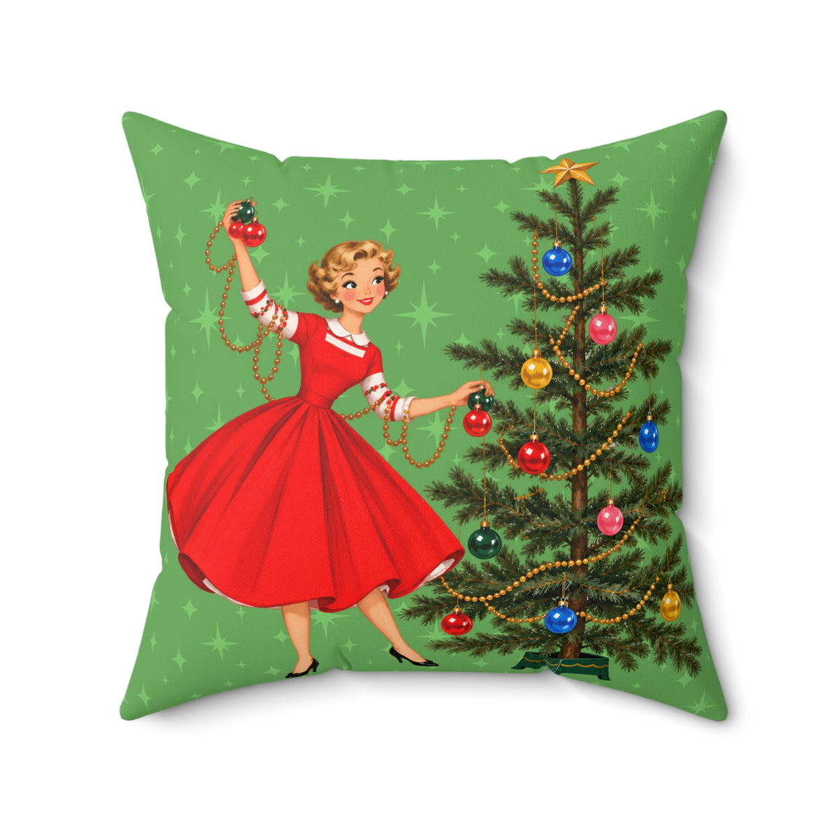 Mid Century Modern Gal Decorating Christmas Tree, Green Atomic Starbursts Pillow Cover and Insert