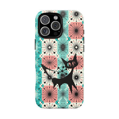 Atomic Kitschy Cat, Mid Century Modern Pink, Aqua Starbursts Tough Phone Case