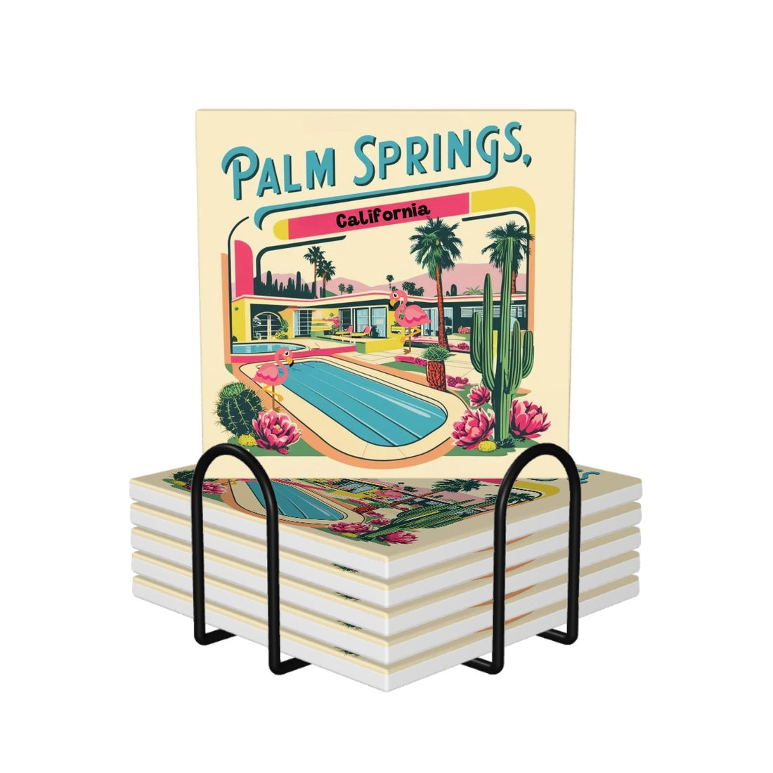 Palm Springs California Hotel, Flamingo Kitschy Mod 50s Designed Square Ceramic Coasters Set of 6 - Mid Century Modern Gal