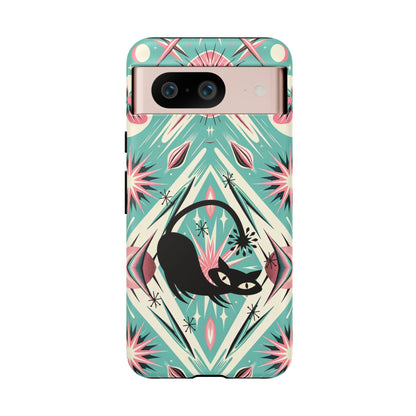 Atomic Cat, Mid Century Modern Aqua Blue, Pink, Starbursts Tough Phone Case