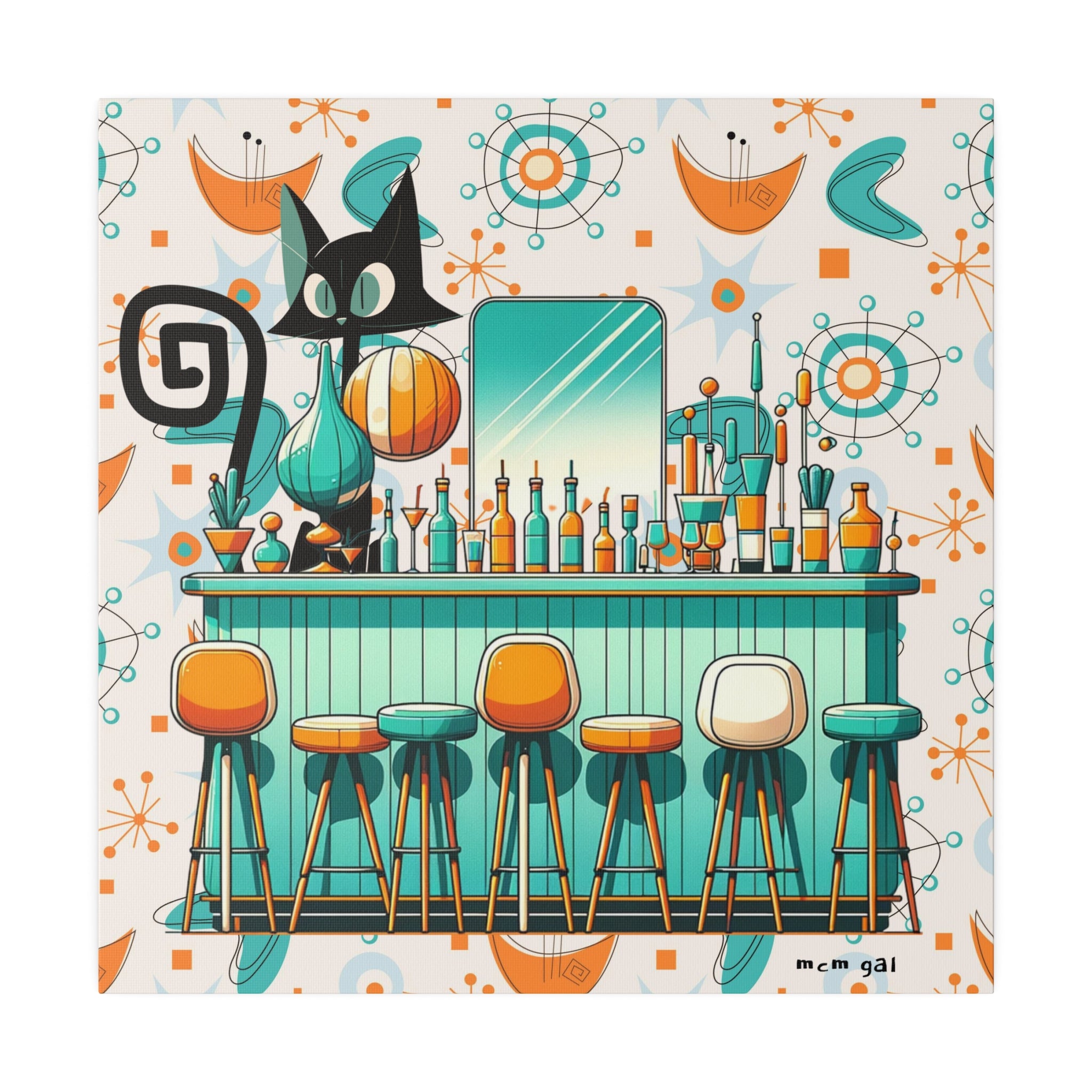 Atomic Cat, Mid Century Modern Kitschy Bar, Orange, Teal Mid Century Modern Wall Art