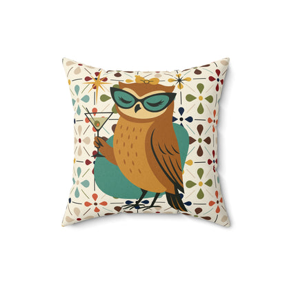 Modern Scandinavian Floral Cocktail Owl, Kitschy Mod Pillow And Insert - Mid Century Modern Gal