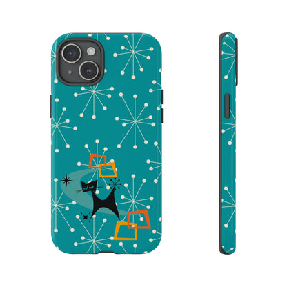 Atomic Space Cat, Starburst Blue, Retro Groovy Smart Phone Tough Phone Cases